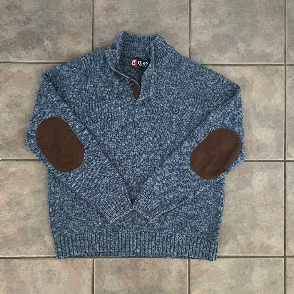 Chaps Button Mock Neck Sweater Mens Large Faux‎ Suede Elbow Patch Blue Pullover